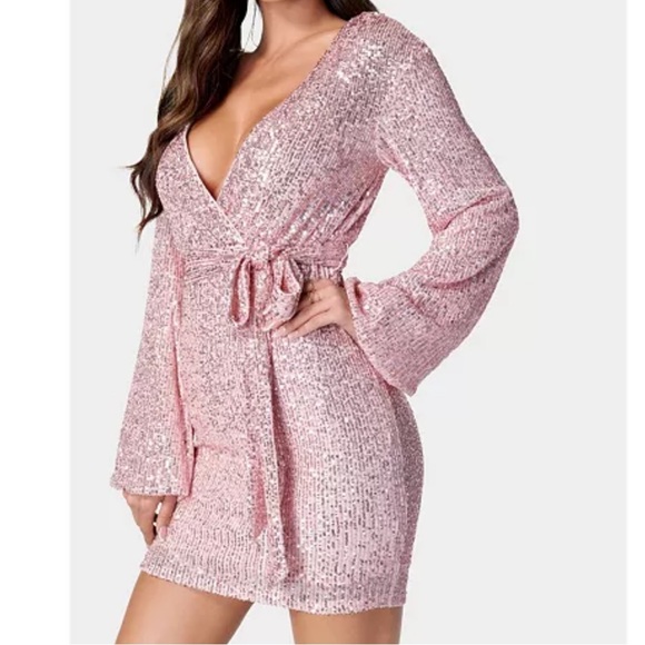 Bebe Pink Knit Sequin Wrap Dress Long Sleeves Size Large NEW - Picture 1 of 3